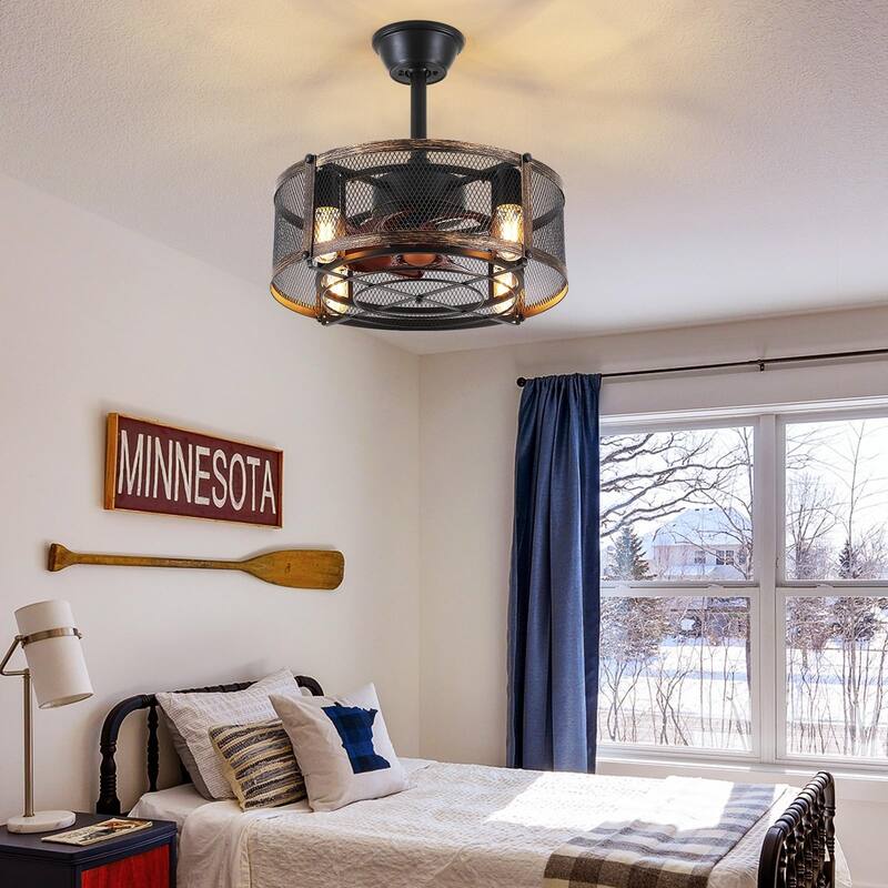 18 Inches Caged Ceiling Fan with Light, Black Downrod Ceiling Fans Lights,Chandelier Fans - 18 Inches