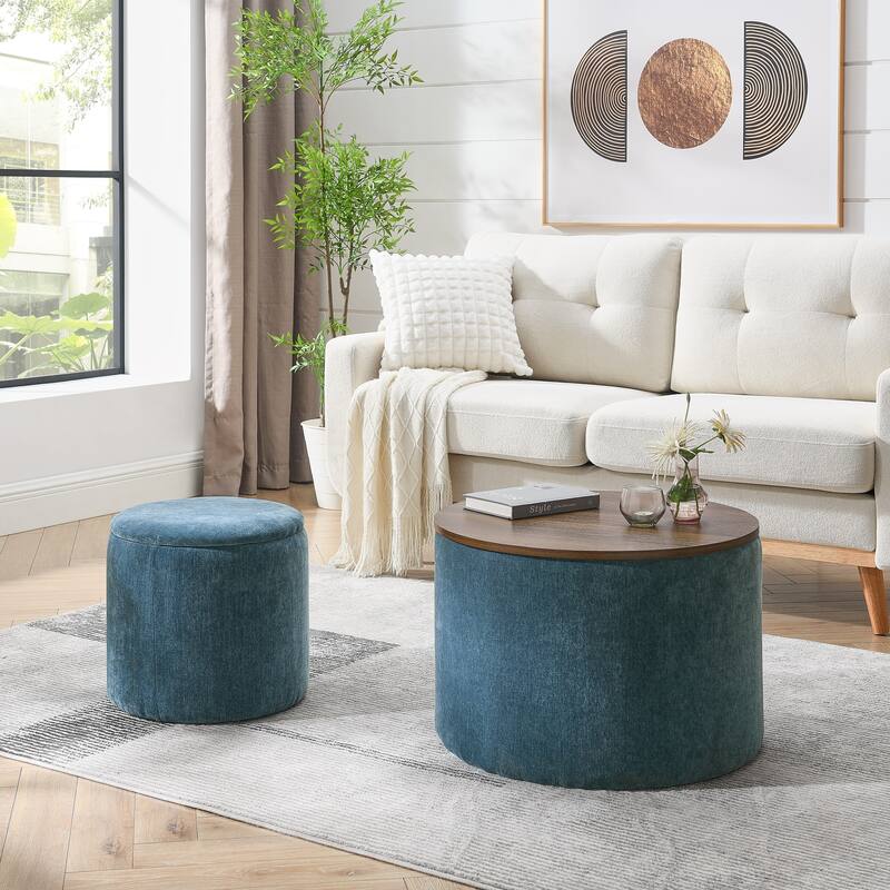 2-Piece Set Round Chenille Storage Ottoman, Equipped with a Drum Shaped Small Stool, Storage Space, and MDF Made Desktop Panel - Dark Blue