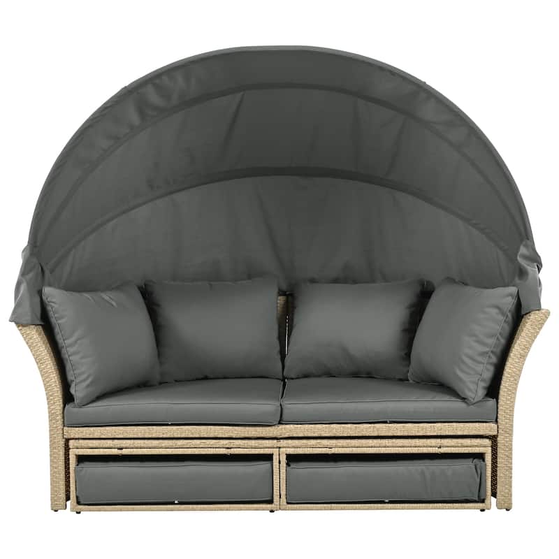 Outdoor Convertible Patio Daybed All Weather Wicker Rattan Round Sofa Furniture Set with Retractable Canopy