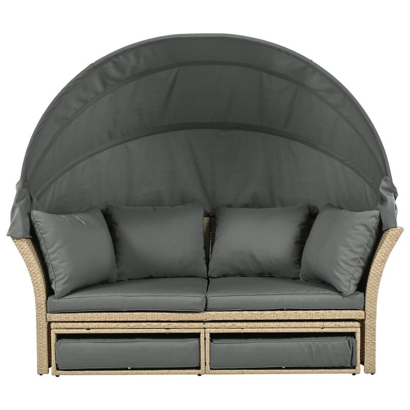 Wicker Rattan Outdoor Patio Double Daybed with Retractable Canopy and 4 Pillows, Convertible Loveseat/Sofa Set