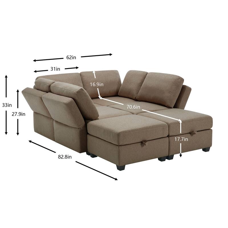 Modern Modular 6 Seat Upholstered Sectional Sofa with Storage, Adjustable Arm, Brown