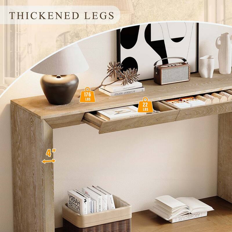 Farmhouse Console Table with 2 Concealed Drawers,Waterfall Edge,Thick Legs