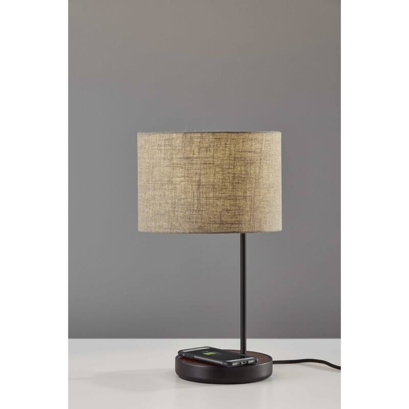 Black Metal Steel Base Table Lamp with Natural Fabric Drum Shade, USB and Wireless Charging - 11.5” x 11” x 19.5” (D x W x H)