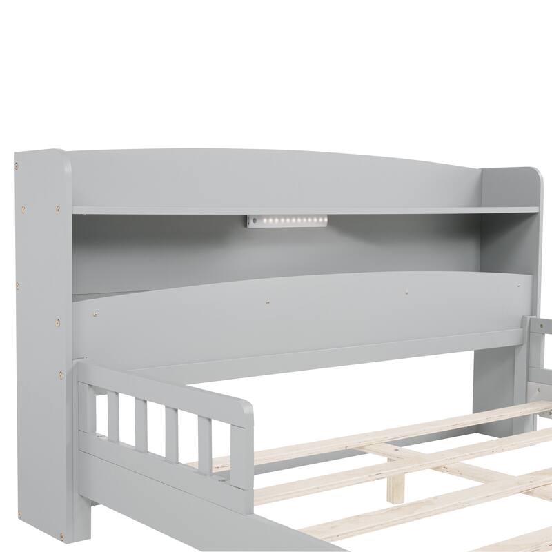 Full Size Pine Bed w/ Bookcase Headboard ,LED Sensor Light, Guardrails