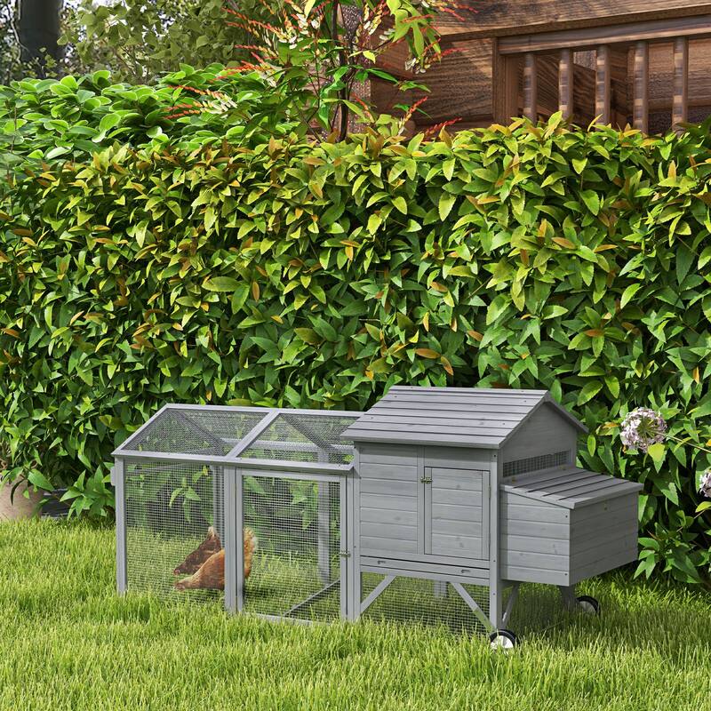 Grey Fir Wood Chicken Coop with Outdoor Run, Nesting Box and Wheels