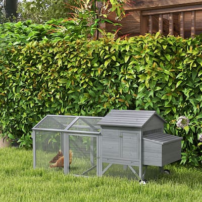 Grey Fir Wood Chicken Coop with Outdoor Run, Nesting Box and Wheels