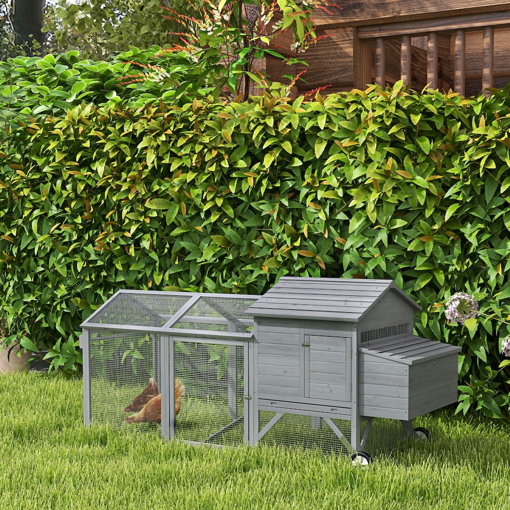 Grey Fir Wood Chicken Coop with Outdoor Run, Nesting Box and Wheels