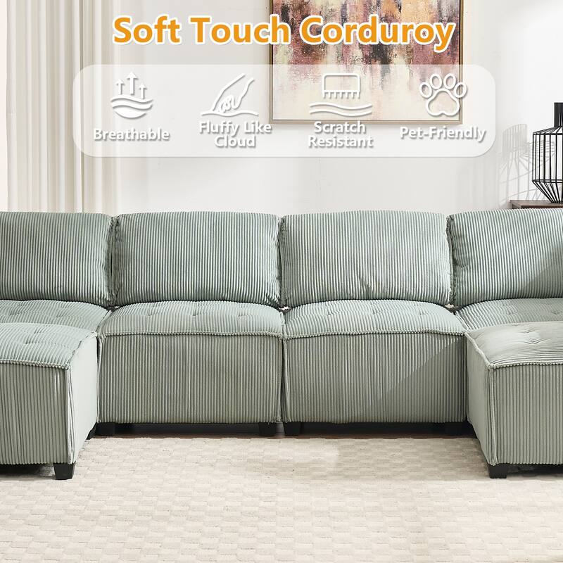Ergonomic Lounge Modular Couch Corduroy Sectional Sofa with Deep Seat Ottoman Chaise and High-Rebound Thick Cushions