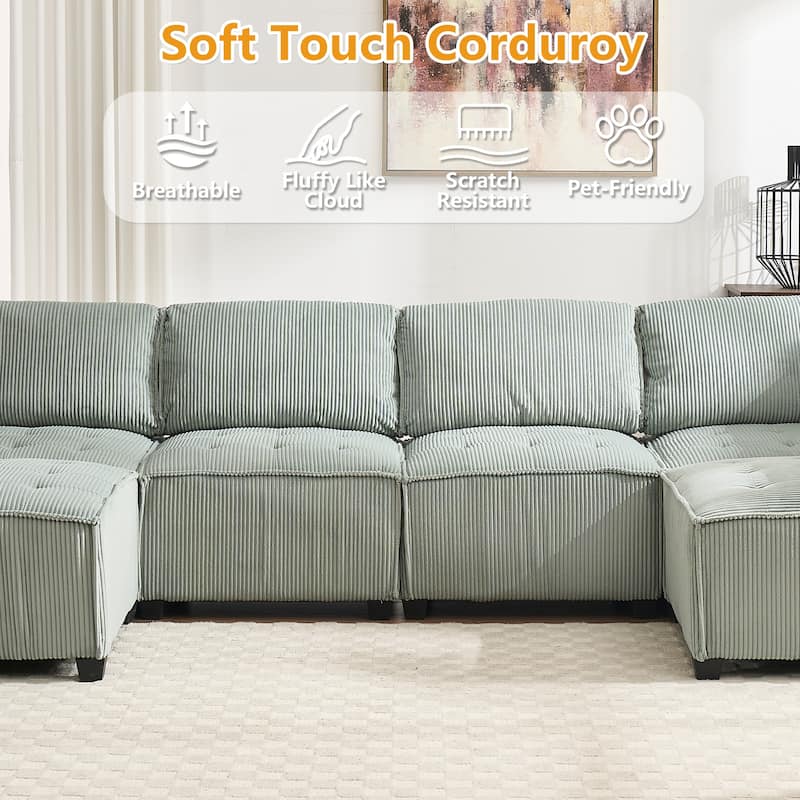 U-Shaped Corduroy Upholstered 6-Seat Convertible Modular Sectional Sofa Fit for Living Room