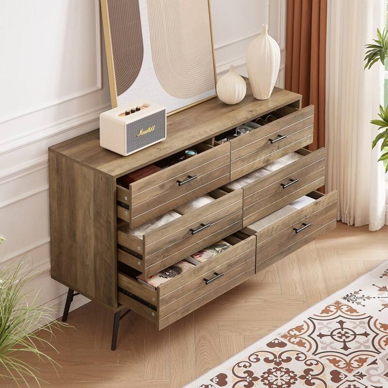 6 Drawer Dresser, Wood Storage Sideboard Cabinet with Metal Handle, Chest of Drawers Wide Storage Organizer Cabinet for Bedroom