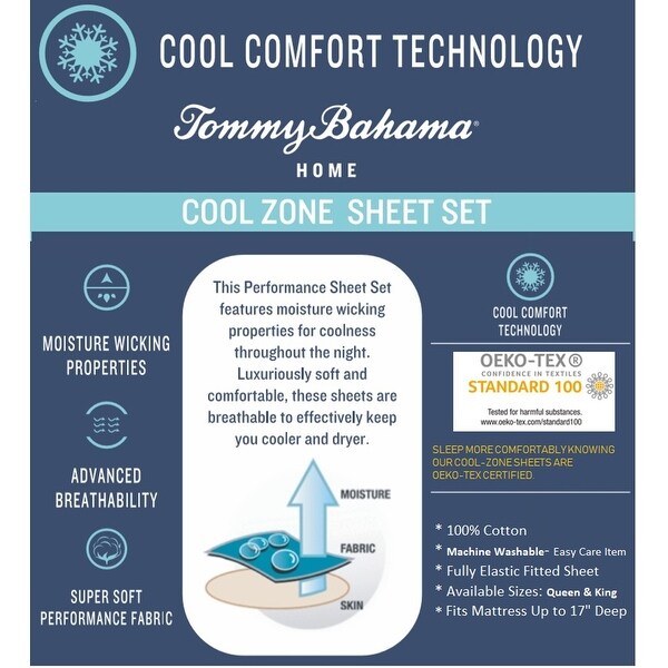 Oeko-Tex Certified Mositure Wicking Super Soft Queen Breathable Tommy Bahama Cool Zone Grey Cotton Percale Performance Sheet Set 