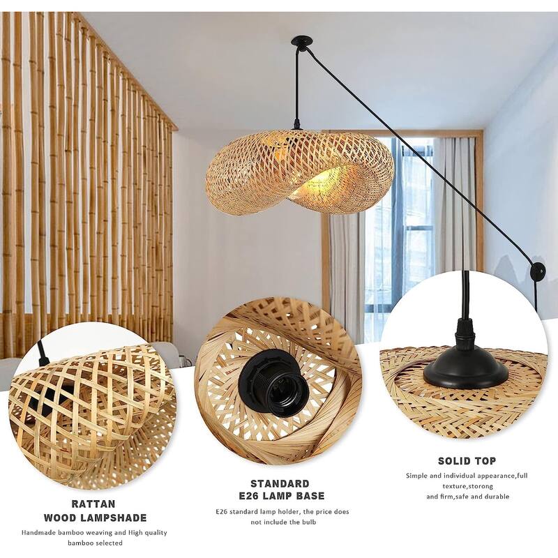 Adjustable Handmade Woven Bamboo Contemporary Farmhouse Rustic Celling Hanging Pendent Lamp Rattan Chandelier for Living Room