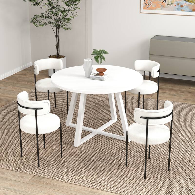 Durban 5-Piece Round Dining Set, Trestle Dining Table with 4 Boucle Chairs for Breakfast Nook, Kitchen, Living Room - White+White