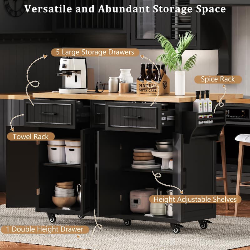 Rolling Kitchen Island with Drop Leaf & Power Outlet, Mobile Kitchen Cart on Wheels, Coffee Bar Cabinet with 4 Doors & 5 Drawers