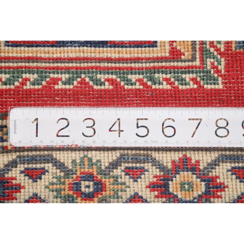 Geometric Kazak Runner Rug Hand-Knotted Red Wool Carpet - 2'9" x 9'4"