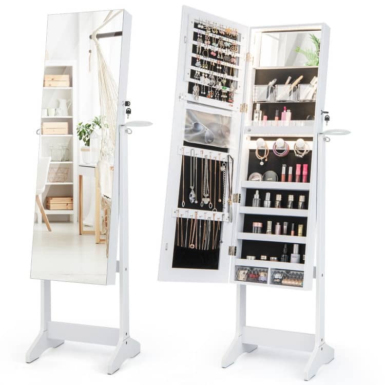 Full Length Mirror Jewelry Organizer with Adjustable LED Lighting - 16" x 14.5" x 61.5" (L x W x H)