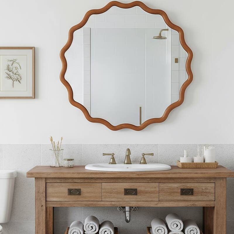 Wavy Round Solid Wood Frame Decorative Mirror Modern Farmhouse Wall Mirror For Bedroom Bathroom Living Room Entryway