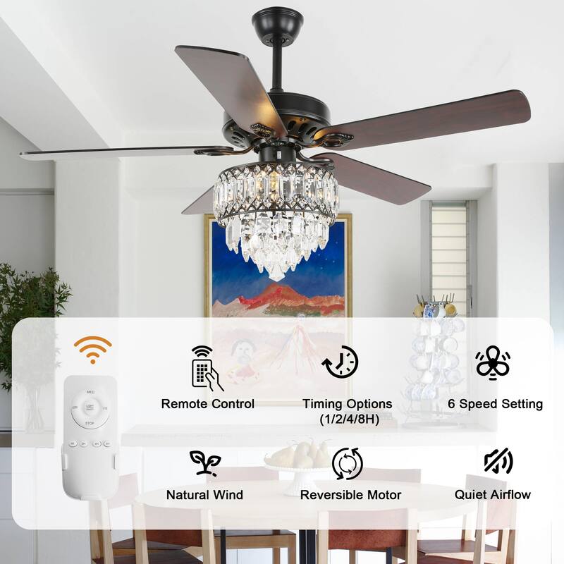 Bella Depot 65" Crystal Ceiling Fan with Light Kit and Remote Control,6-Speed Reversible Ceiling Fan