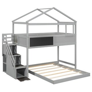 Grey Twin Over Full House Bunk Bed with Storage Staircase & Blackboard