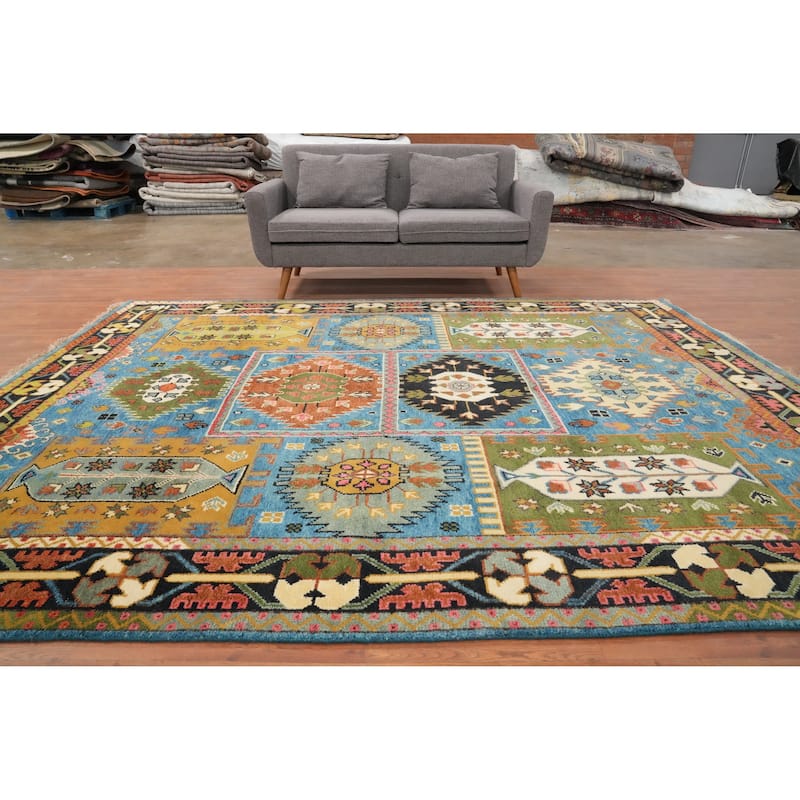 Hand Knotted Oriental 100% Wool Carpet Traditional Tribal Navy Blue & Blues Kazak Area Rug - 10' 3'' X 8' 2''