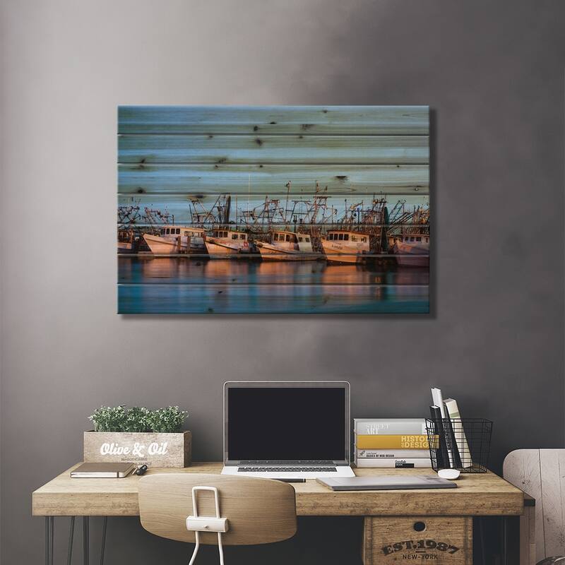 Fulton Harbor and oyster boats Print On Wood by Larry Ditto - Multi-Color