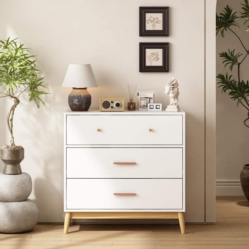 Anmytek 3 Drawer Dresser with Gold Handles Mid Century Modern White Finish Wood Legs Anti Tip for Bedroom Nursery - White+Natural