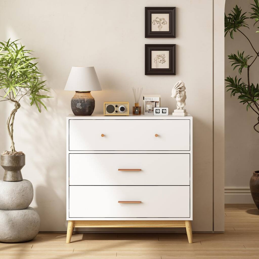 Nordic Style 3-Drawer Storage Cabinet, Modern White Chest of Drawers with Rose Gold Handles & Solid Wood Base