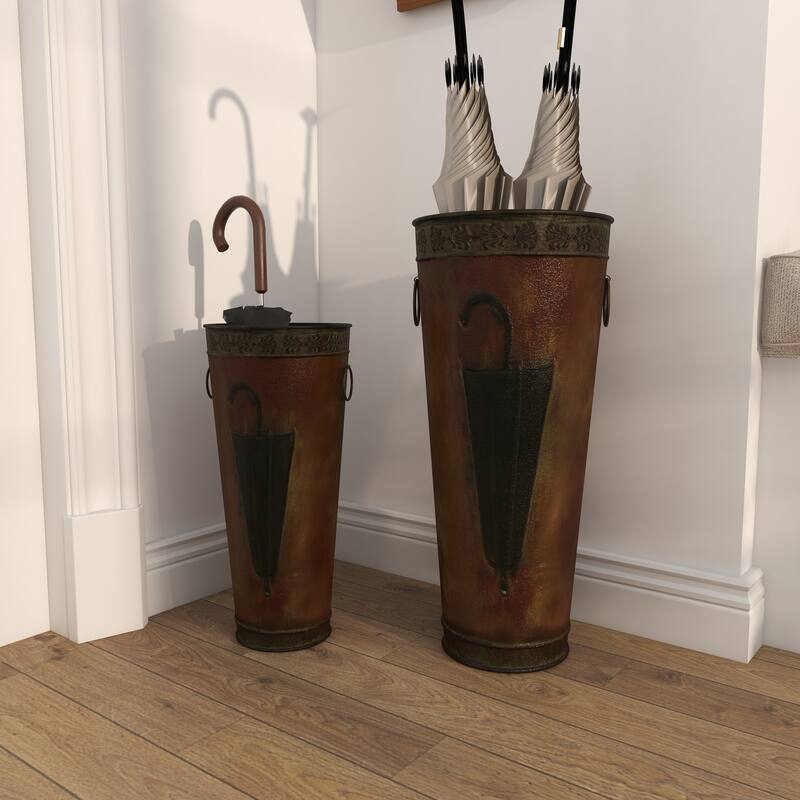 Metal Umbrella Stand with Umbrella Image and Handles - Set of 2 Brown or Black - Roche River Decor