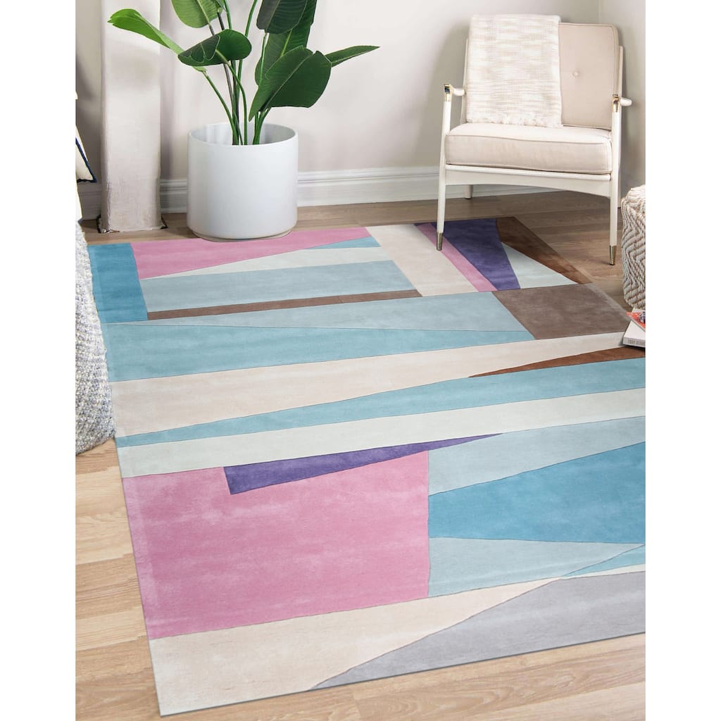 Multicolored Hand-Tufted Wool Contemporary Modern Area Rug, Stylish Soft Texture for Living Rooms or Bedrooms - L