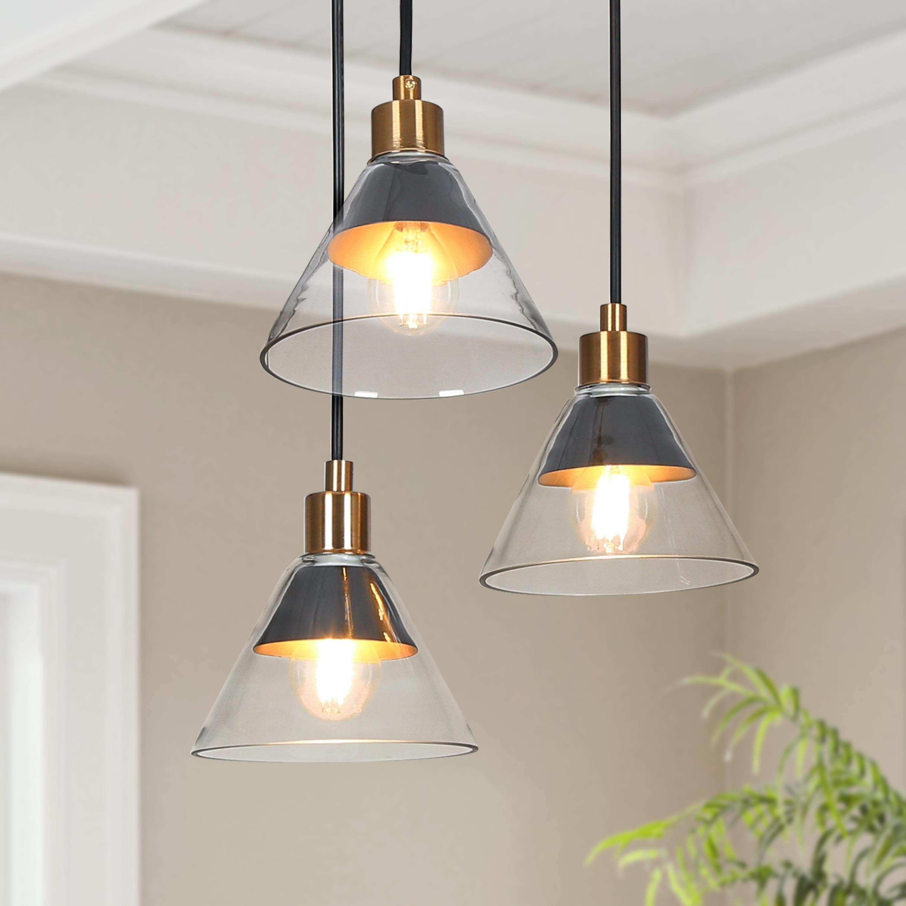 Petia Modern Industrial 3 light Black Cluster Kitchen Chandelier Pendant Lights Glass Shade D 14.5 x H 66 On Sale Bed Bath Beyond 36628487