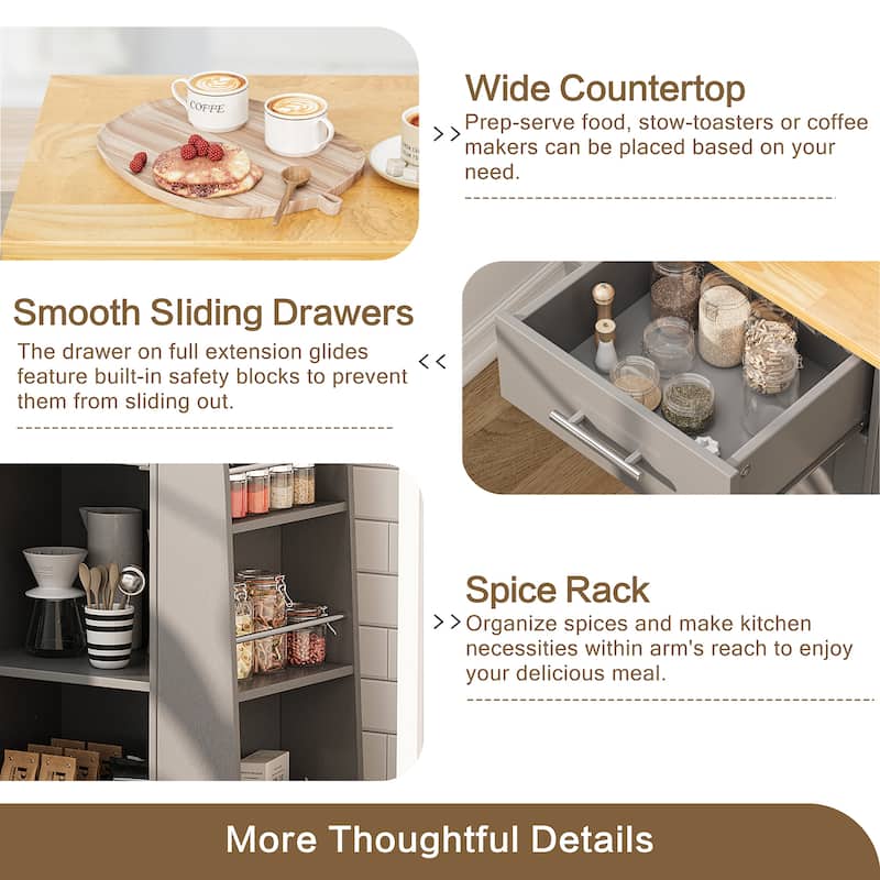 Rolling Kitchen Island with Storage Cabinet & Spice Rack & Drawer – Rubber Wood Top