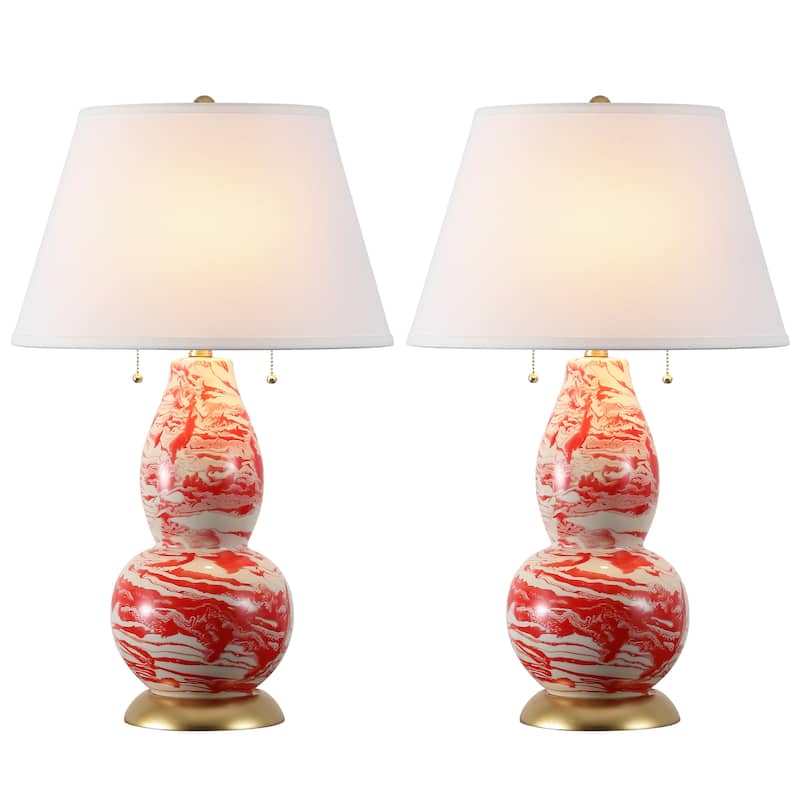 SAFAVIEH Lighting Sebrina 29-inch Navy And White Color Swirls Glass Table Lamp (Set of 2) - 17"x17"x28" - 17Wx17Dx28H