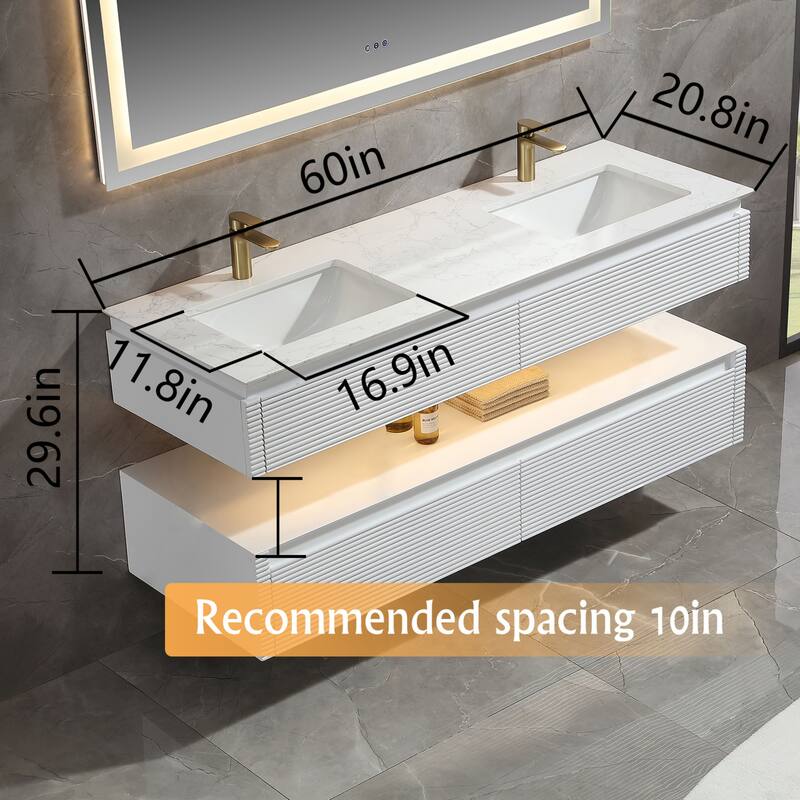 Modland 36/48 Inch LED Floating Vanity with Marble Top & Soft-Close Drawer - Green/White, Wall Drain Ready