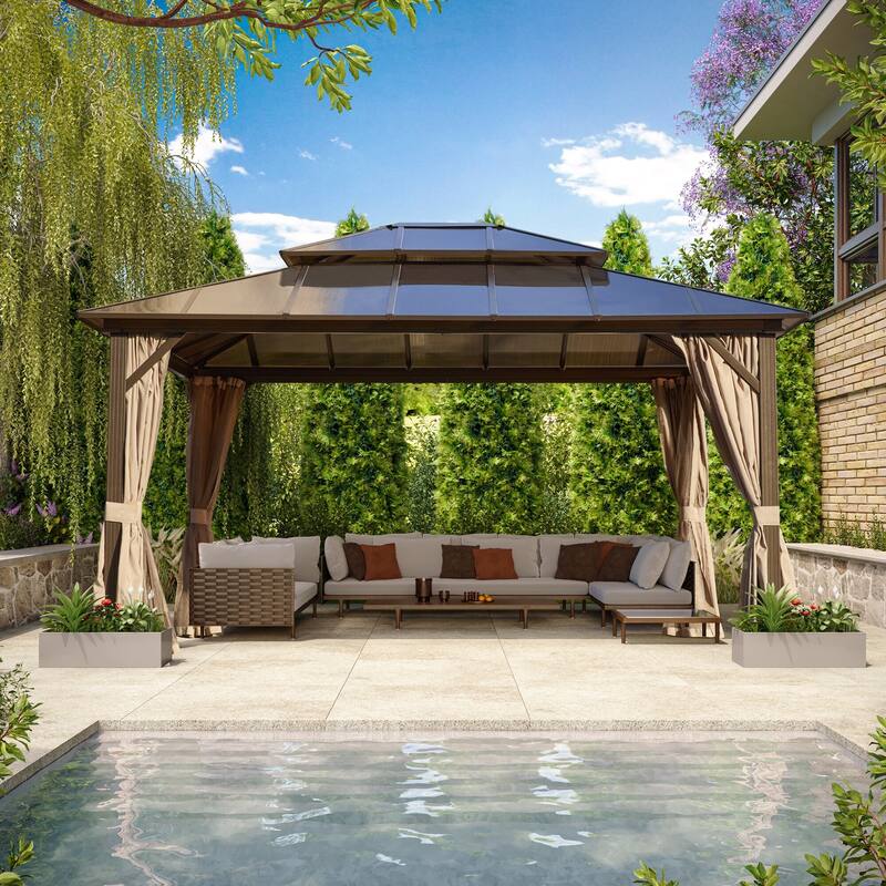 EROMMY Outdoor Wood Gazebo with Double Polycarbonate Roof, Heavy Duty Backyard Patio Pergola Canopy for Garden Shade