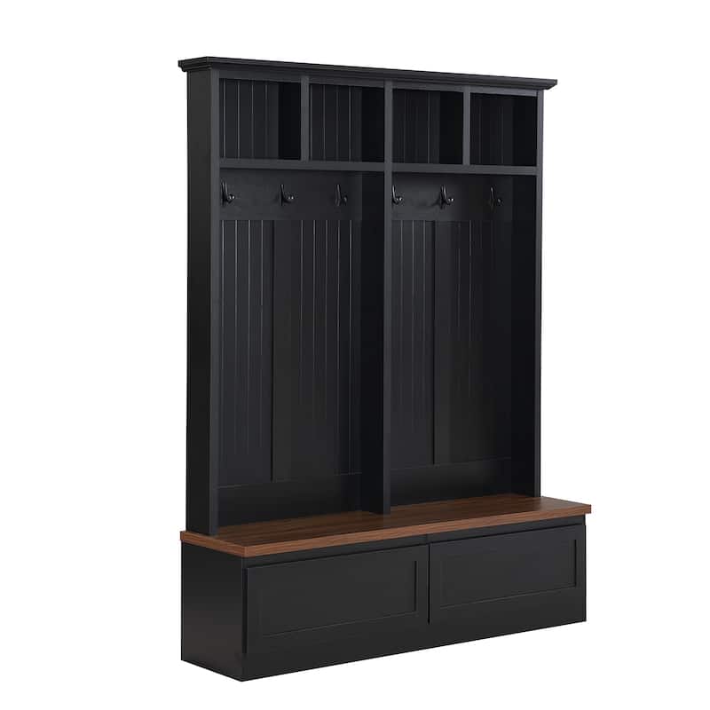 Farmhouse 4-in-1 Hall Tree with Wood Grain Bench and Storage Drawers - 55.9" W × 15" D × 75.6" H - Black + Dark Walnut