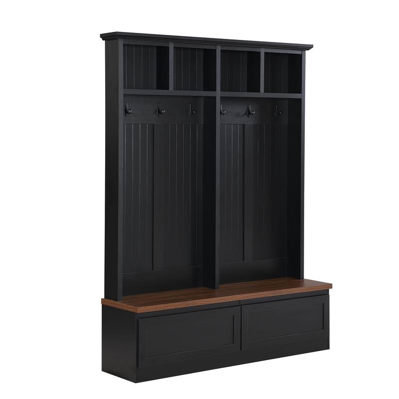 Farmhouse 4-in-1 Storage Hall Tree with Wood Bench, 2 Large Drawer