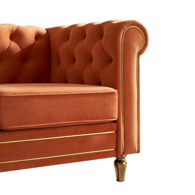 Velvet Chesterfield Sofa, 3-Seater with Rolled Arms, Tufted Back, Metal Legs for Living Room