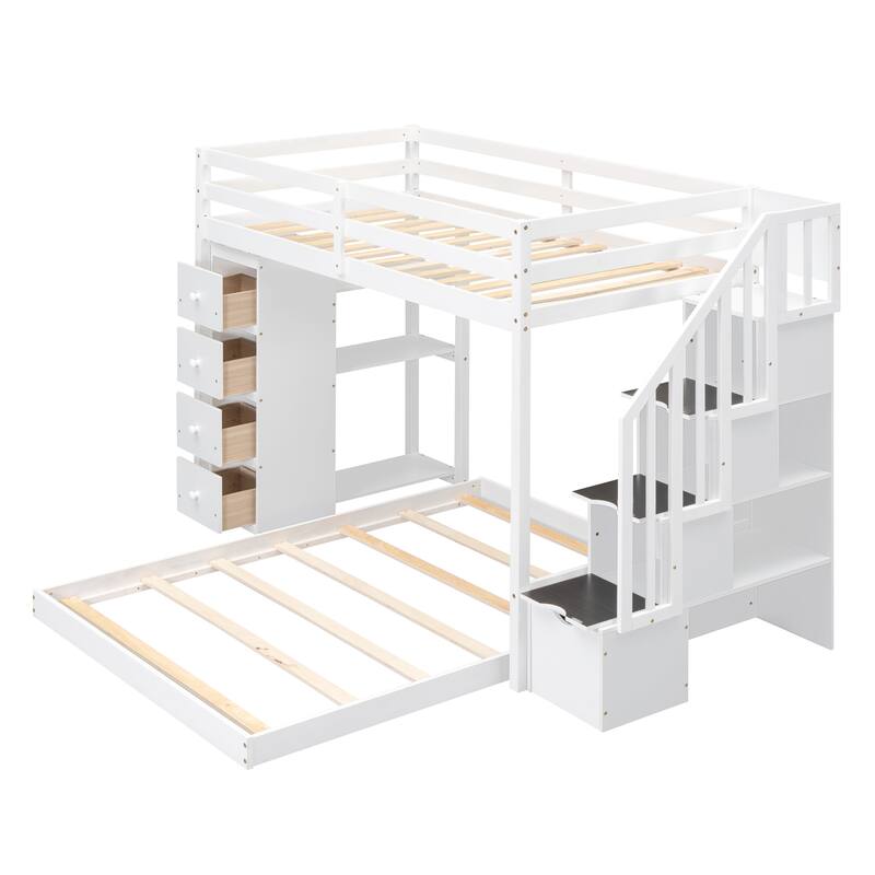 Space-Saving Twin Over Full Bunk Bed with Shelves, Drawers, and Storage Stairs in White