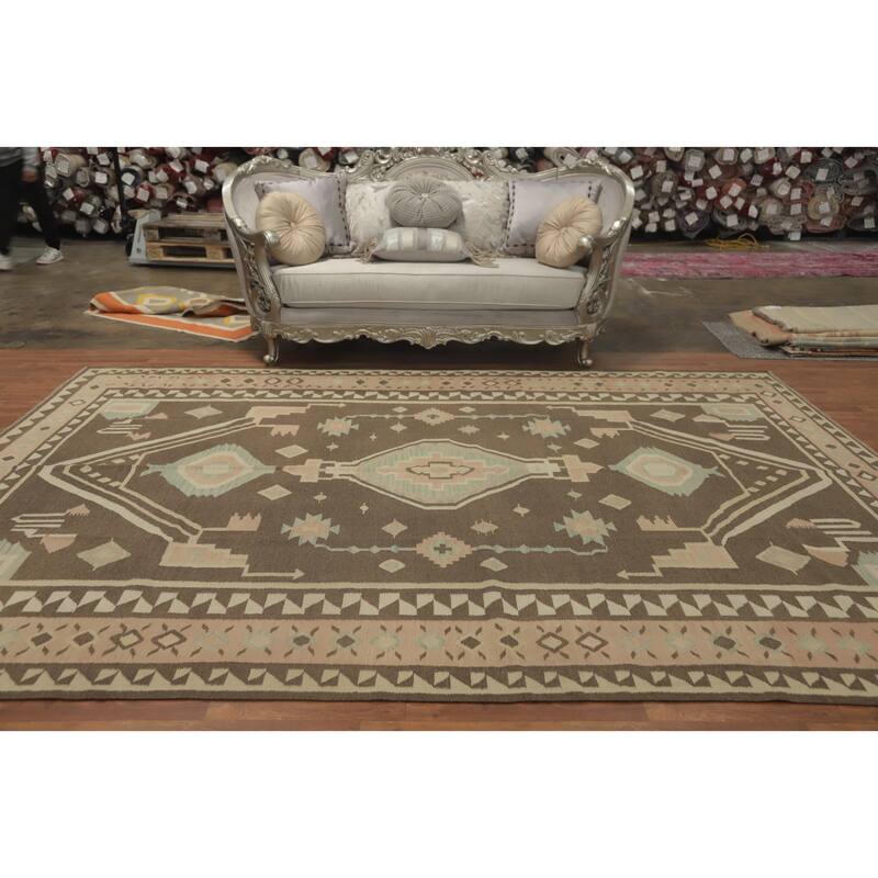 Hand Woven Oriental 100% Wool Carpet Southwestern Tribal Brown Kilim Area Rug - 11' 8'' X 8' 4''