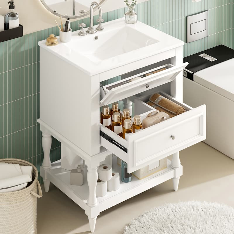 24" Bathroom Vanity with Ceramic Sink, Bathroom Storage Cabinet with Open Shelf, Retro Design Bathroom Cabinet with 2 Drawers