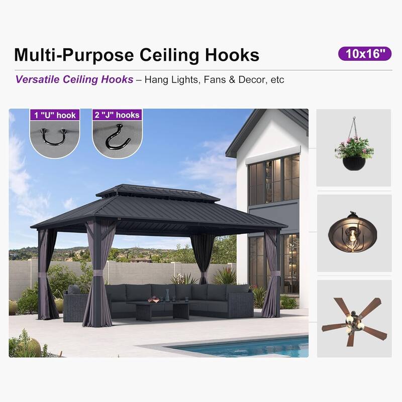 PURPLE LEAF Gazebo Grey Outdoor with Dual-Layer Galvanized Steel Double Roof Aluminum Gazebo with Netting and Curtains