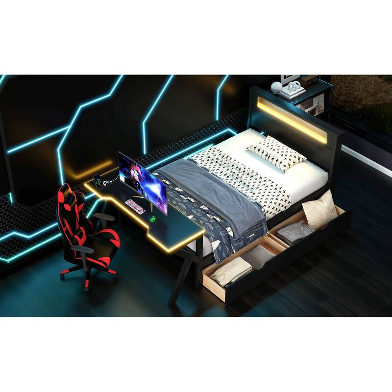 GDFStudio - Wooden Gaming Platform Bed with LED Headboard, Desk, USB and Storage Drawers
