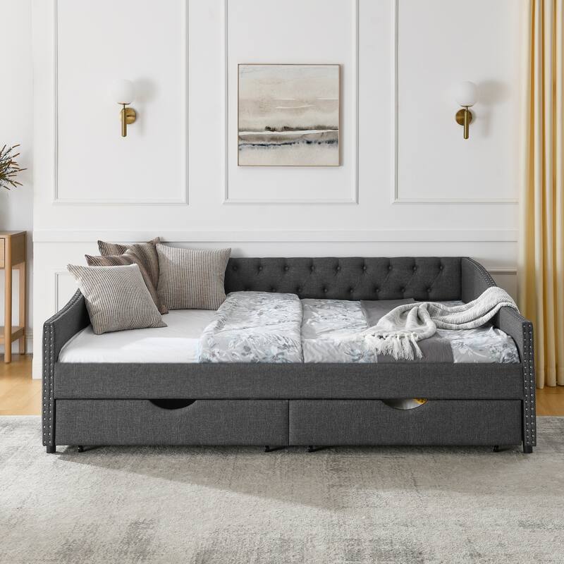 Queen Size Linen Upholstered Daybed Frame with 2 Drawers & Tufted Backrest