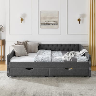 Queen Size Upholstered Tufted Daybed with Drawers and Nailhead Trim