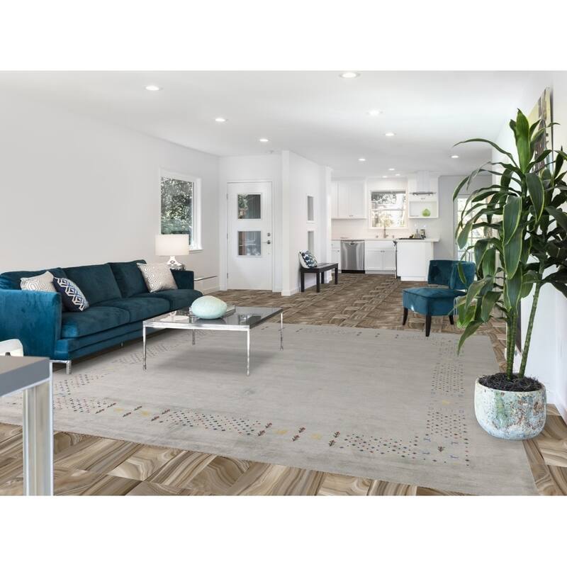 Green Gabbeh Oriental Square Area Square Rug Hand-Knotted Wool Carpet - 9'4" x 10'0"