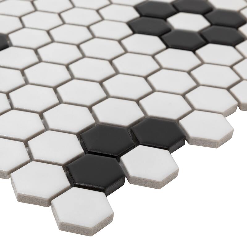 Industry Tile 10.23x11.81 Hex Flower White with Black Porcelain Mosaic (20 pc/ box) - Sample