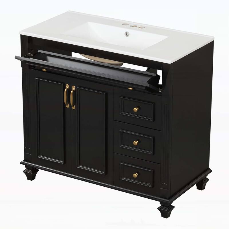 Freestanding Vanity Set with Flip-Out Drawer,3 Drawers,2 Soft-Close Doors