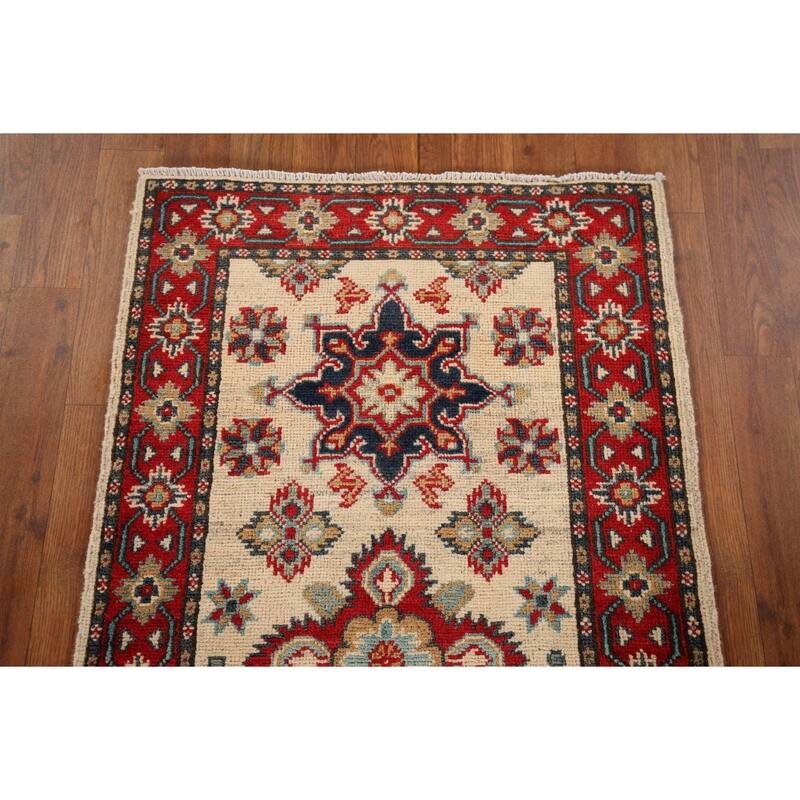 Geometric Kazak Runner Rug Hand-Knotted Beige Wool Carpet - 2'3" x 5'11"