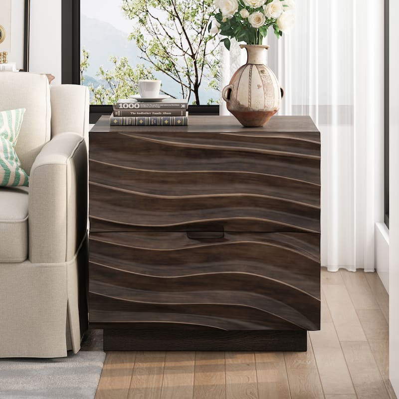 Solid Wood Nightstands, Bedside Table with 2 Drawers, No Handles, Sofa End Table for Living Room, Bedrooms - Brown