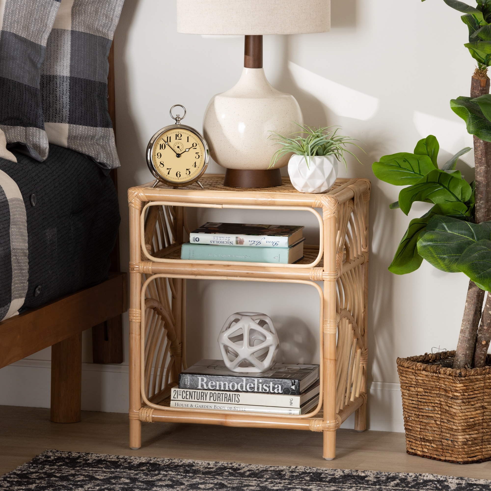 Baara Modern Bohemian Natural Brown Rattan Nightstand